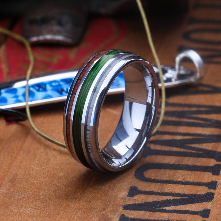 Men's Green Fishing Line Ring | Men's Green Fishing Line Ring With Antler and Wood