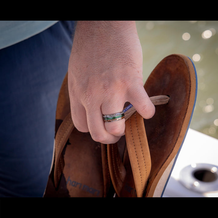 Men's Green Fishing Line Wedding Band Made Out Antler, Wood, and Fishing Line