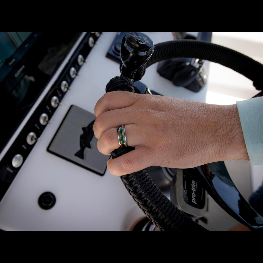 Men's Green Fishing Line Wedding Band Made Out Antler, Wood, and Fishing Line