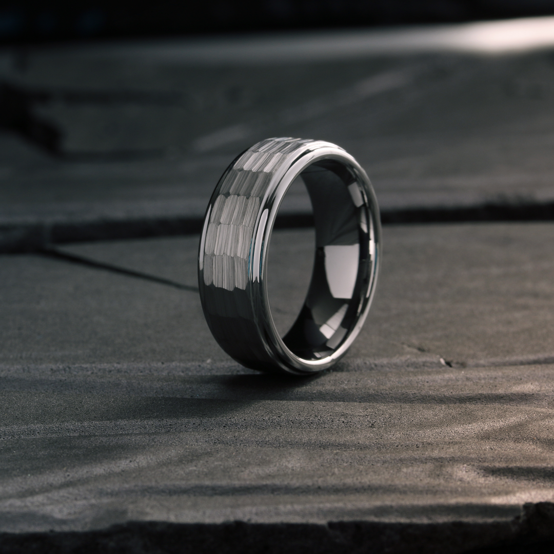 Men's Hammered Tungsten Wedding Band With Step Down Polish Edges