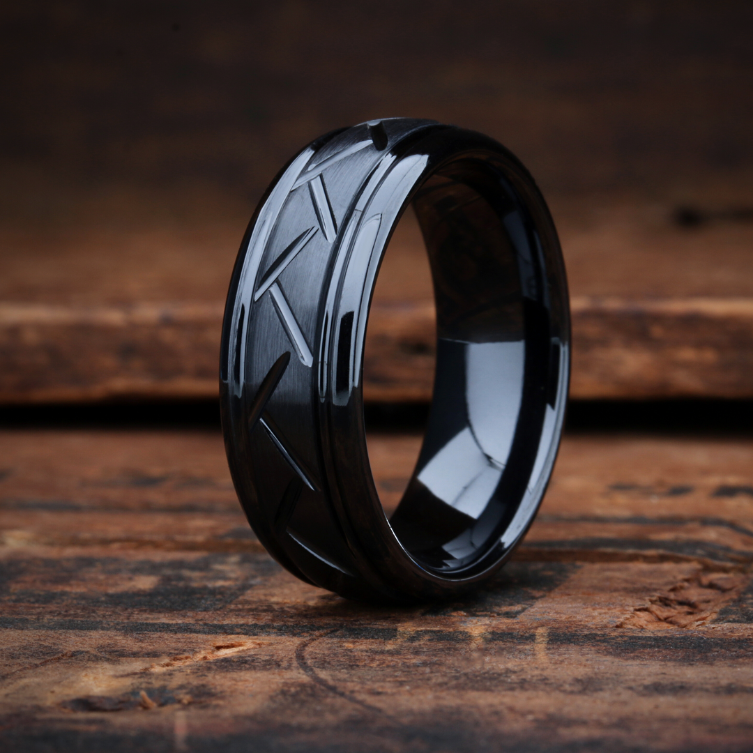 Men's Black Wedding Band With Carved Grooves _ Engravable