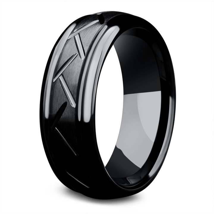 Men's Black Wedding Band With Carved Grooves _ Engravable