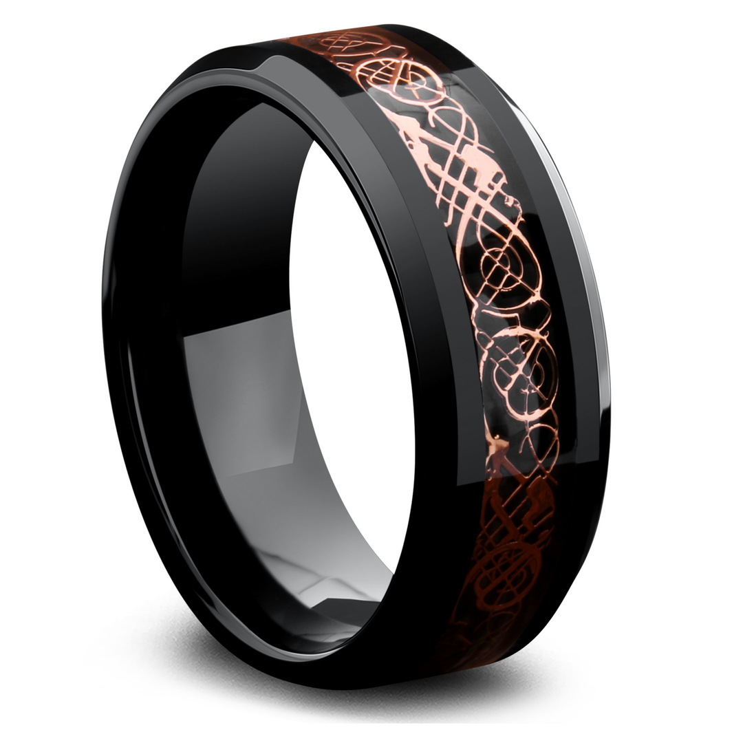Black Celtic Wedding Band With Rose Gold and Carbon Fiber