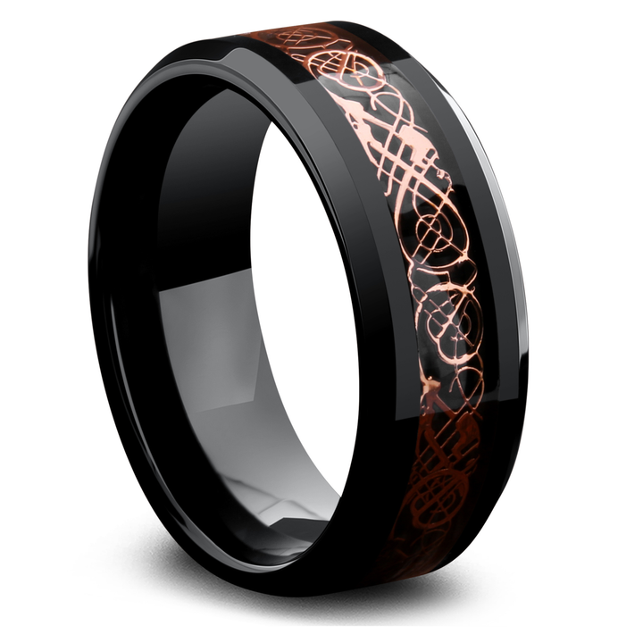 Black Celtic Wedding Band With Rose Gold and Carbon Fiber