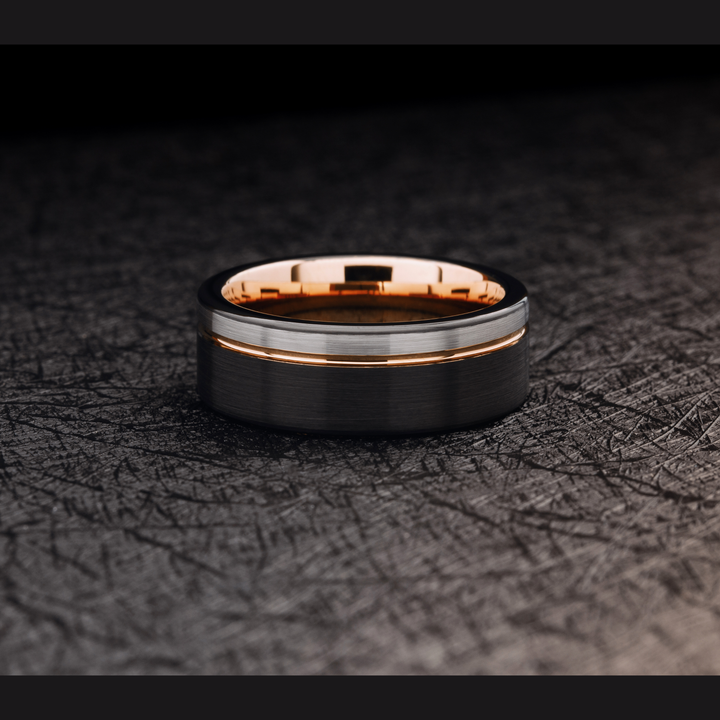 Men's Modern Rose Gold Wedding Band and Black | Engravable