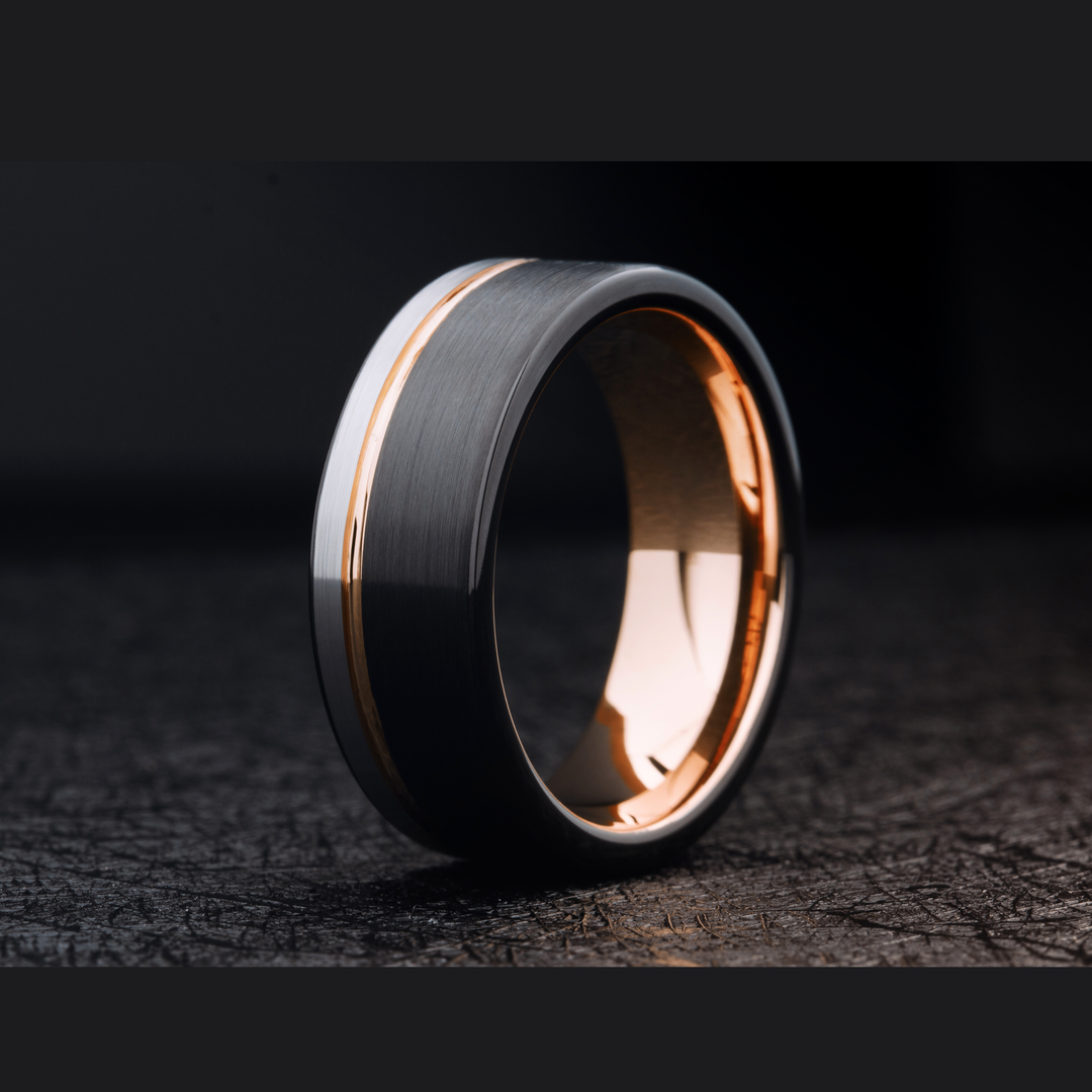 Men's Modern Rose Gold Wedding Band and Black / Men's Tungsten Wedding Band