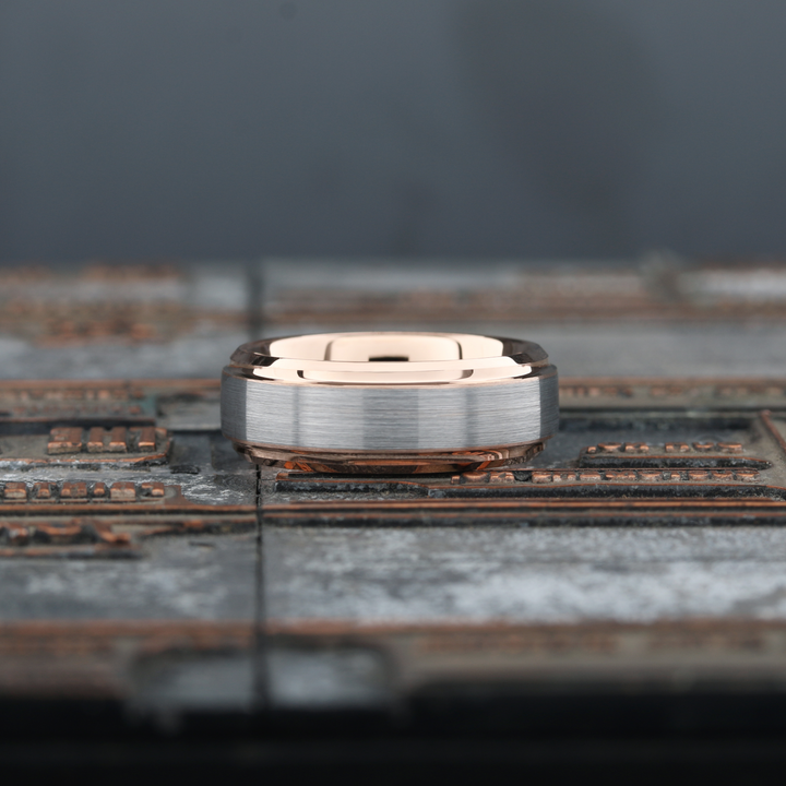Men's Silver and Rose Gold Wedding Band - Tungsten Carbide | Add Engraving