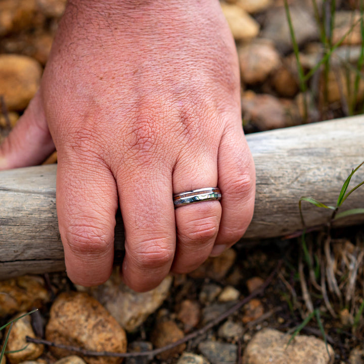 Mens Half Abalone and Half Koa Wood Ring - Silver 6mm