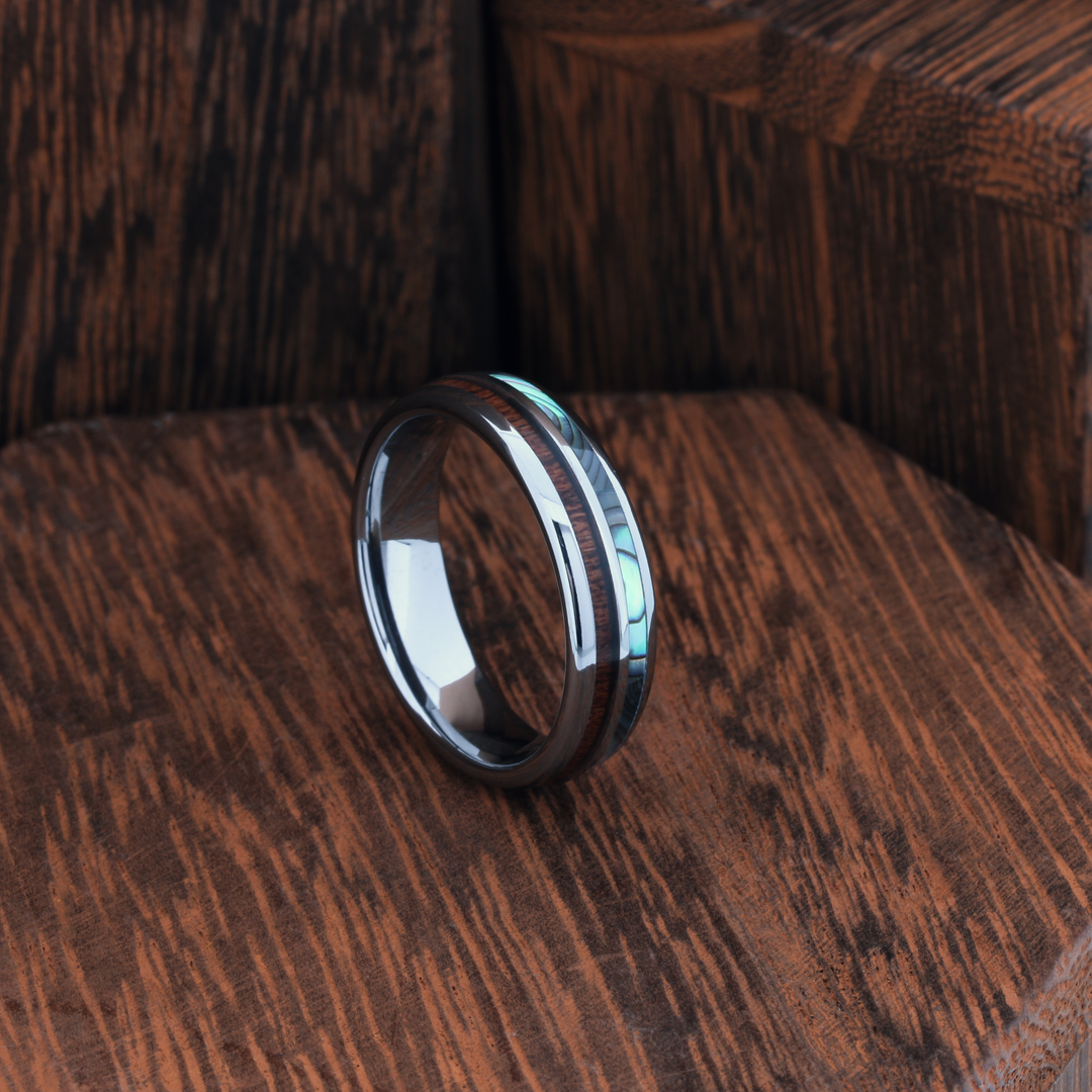 Men's Abalone and Wood Wedding Ring | 6mm Width | Half and Half | Men's Wedding Ring