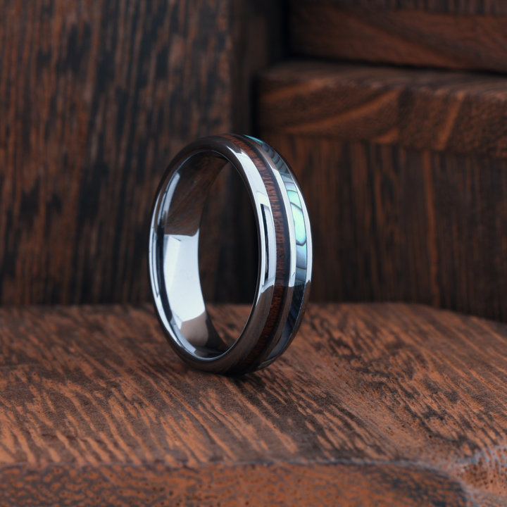 Men's Abalone and Wood Wedding Ring | 6mm Width | Half and Half | Men's Wedding Ring