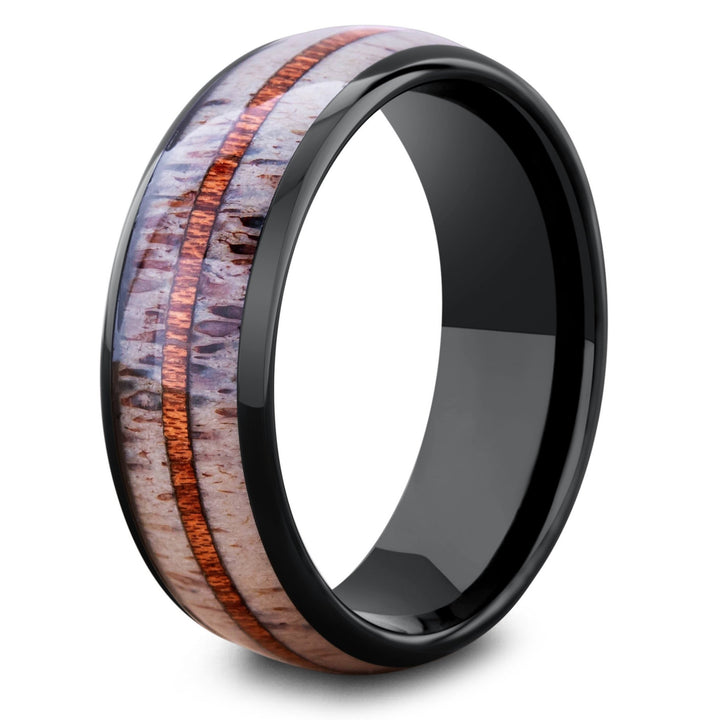 mens deer antler ring with wood stripe