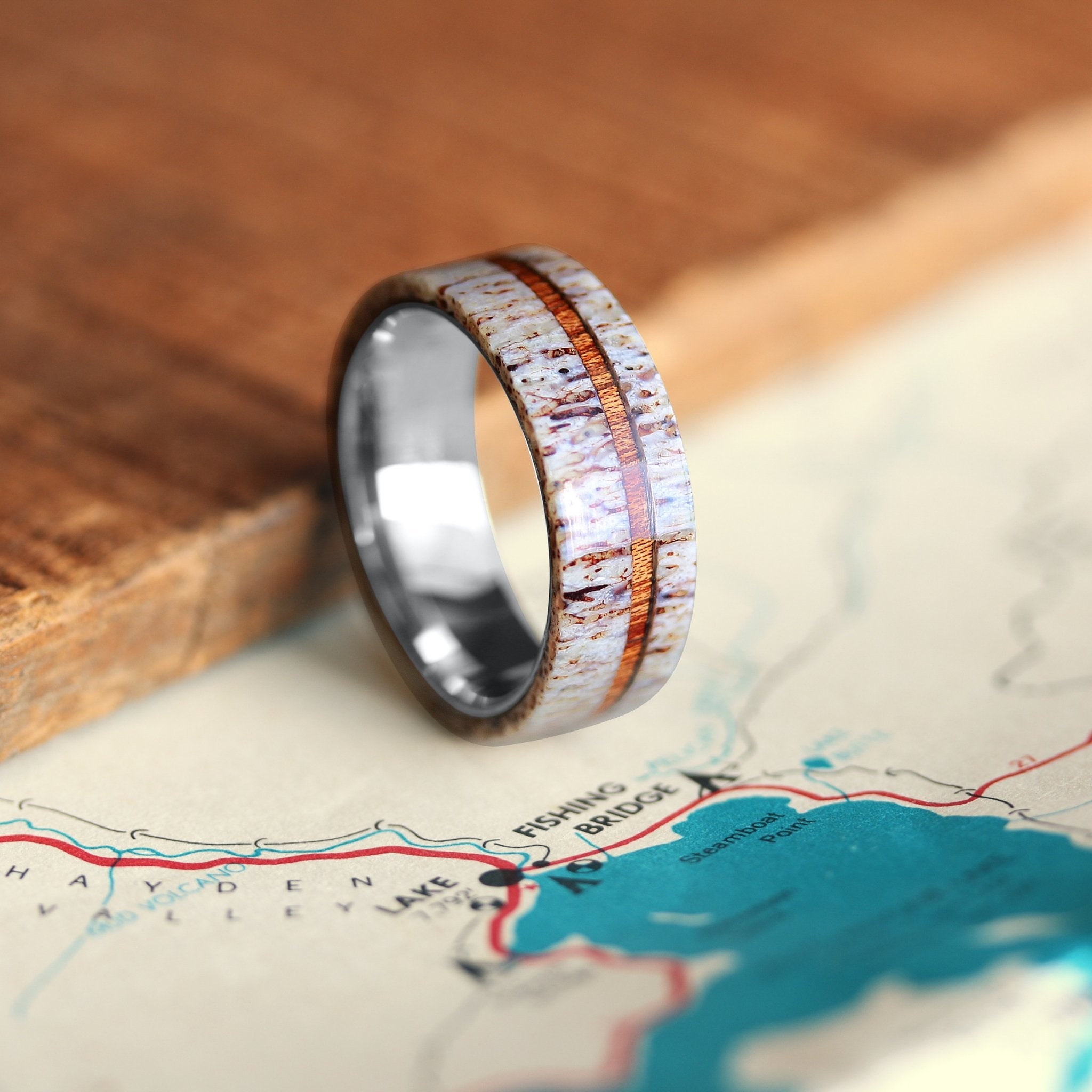 Men's Antler Wedding Band With Wood Stripe Tungsten Carbide Core