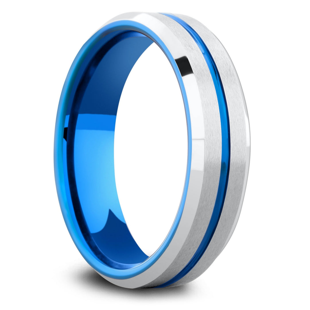 6mm Men's Blue and Silver Ring