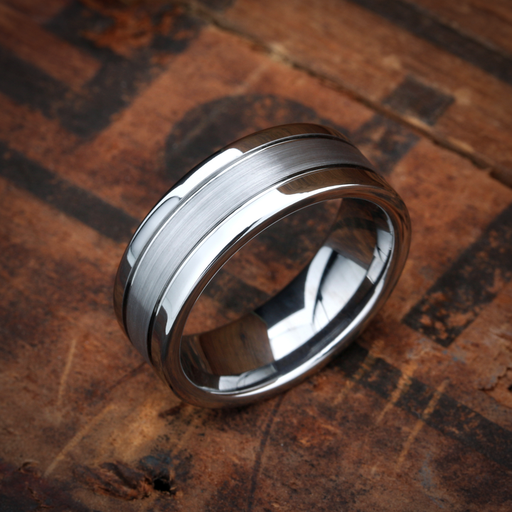 Mens Silver Tungsten Wedding Band With Double Channel Grooves _ Personlize By Adding Engraving