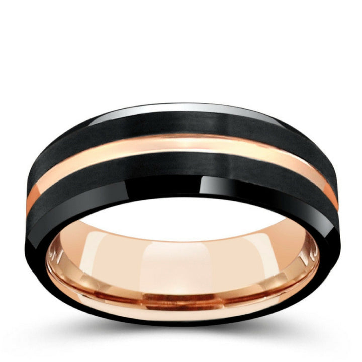 Mens Black Tungsten Wedding Ring With Plated Rose Gold