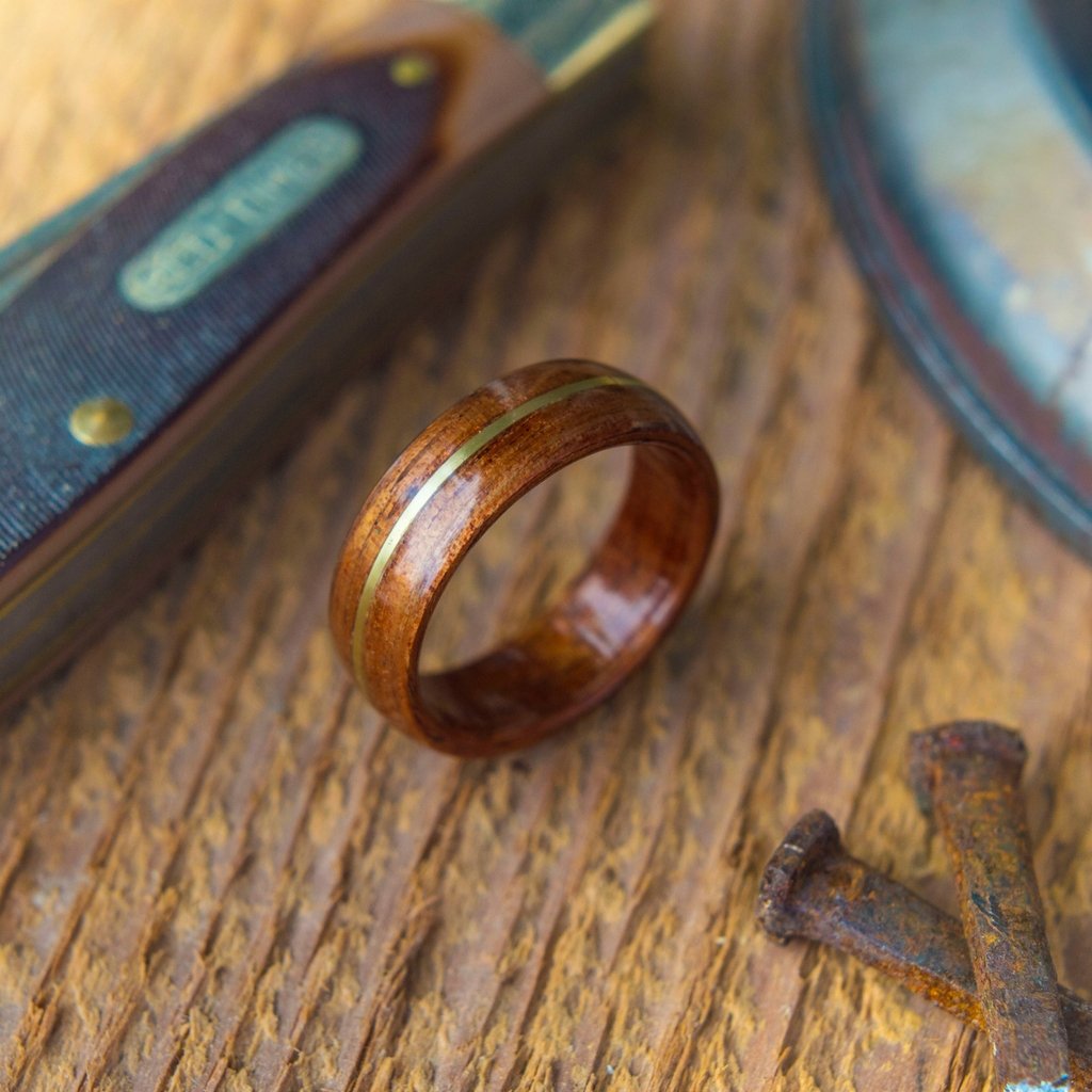 Mens Bentwood Wedding Ring Crafted Out of Koa Wood and Inlaid With Brass