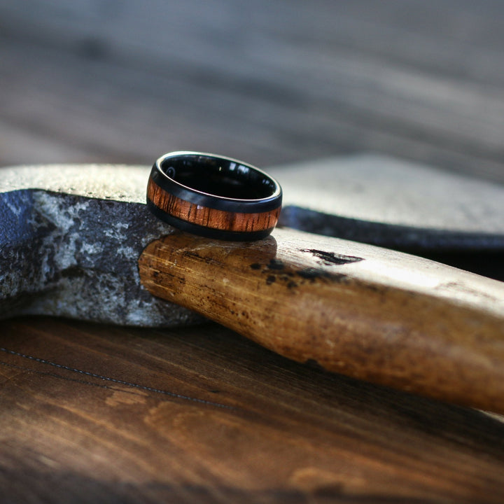 Men's Black Plated Tungsten Wedding Band / Black Matte Finish and Koa Wood Ring: 8mm, Comfort Fit