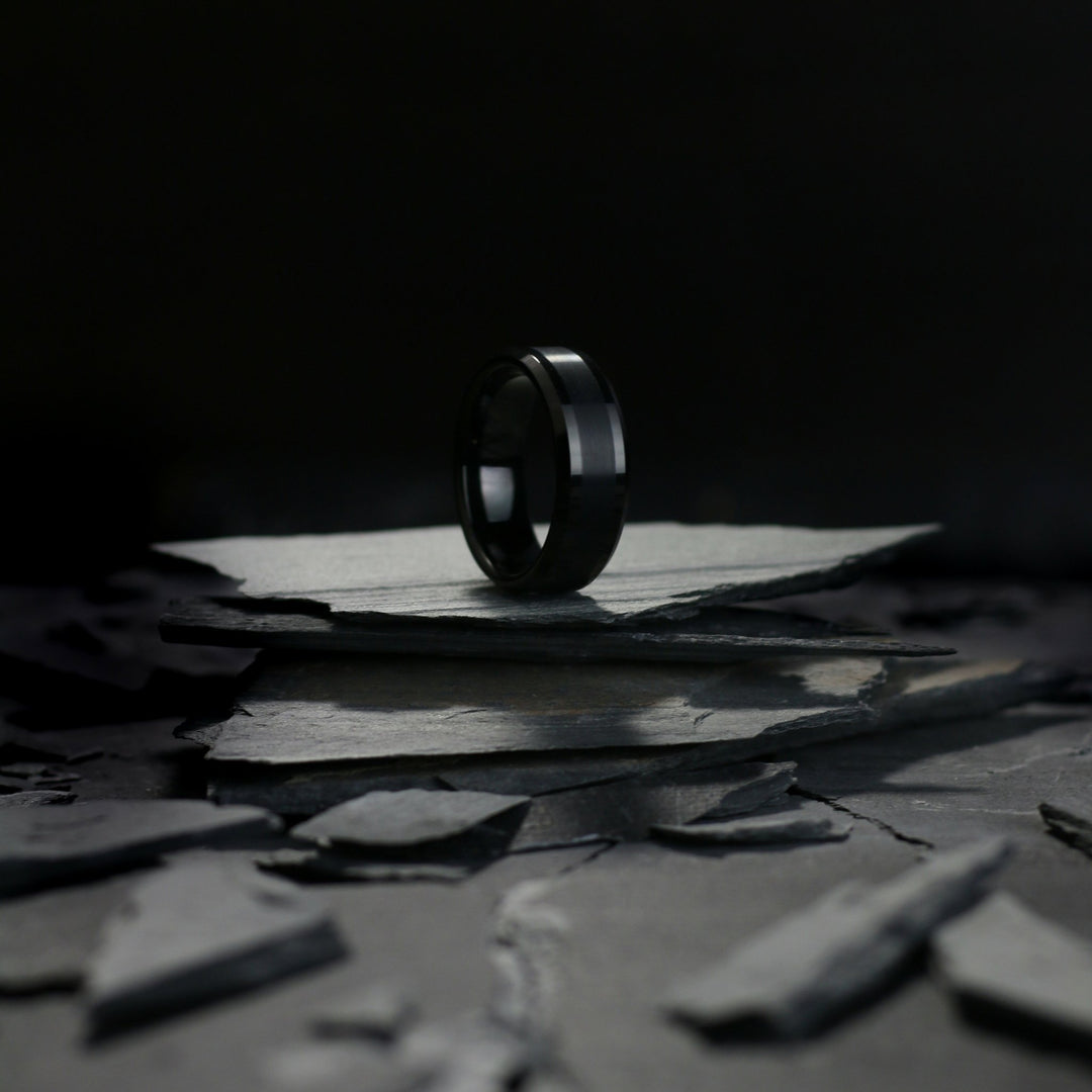 Mens Black Tungsten Wedding Ring With Satin/Brushed Center.