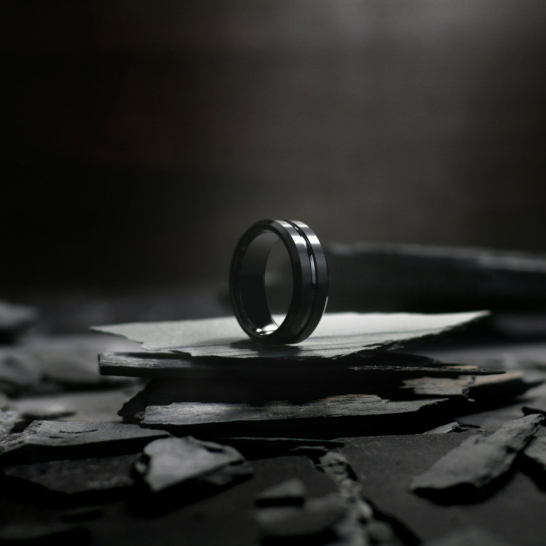 Mens Black Tungsten Wedding Ring With Carved Black Channel