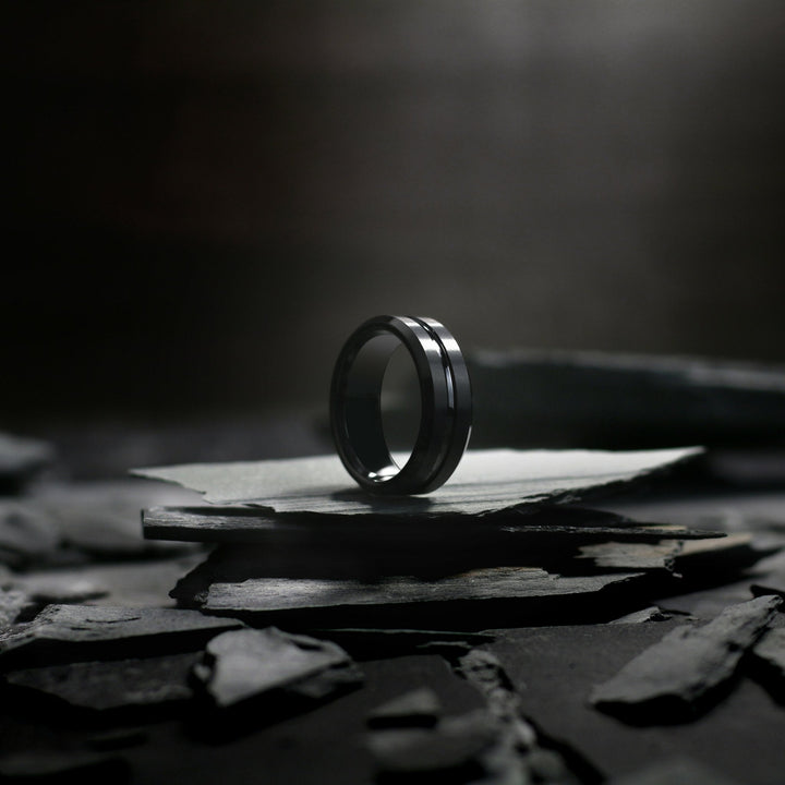 Mens Black Tungsten Wedding Ring With Carved Black Channel