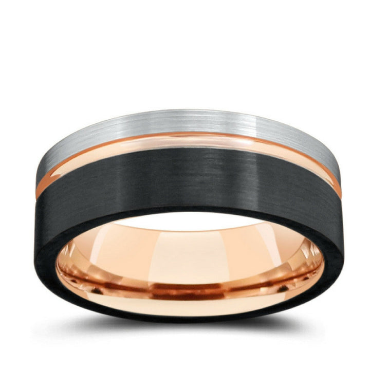 Mens Three Tone Tungsten Wedding Band With Pipe Cut Design