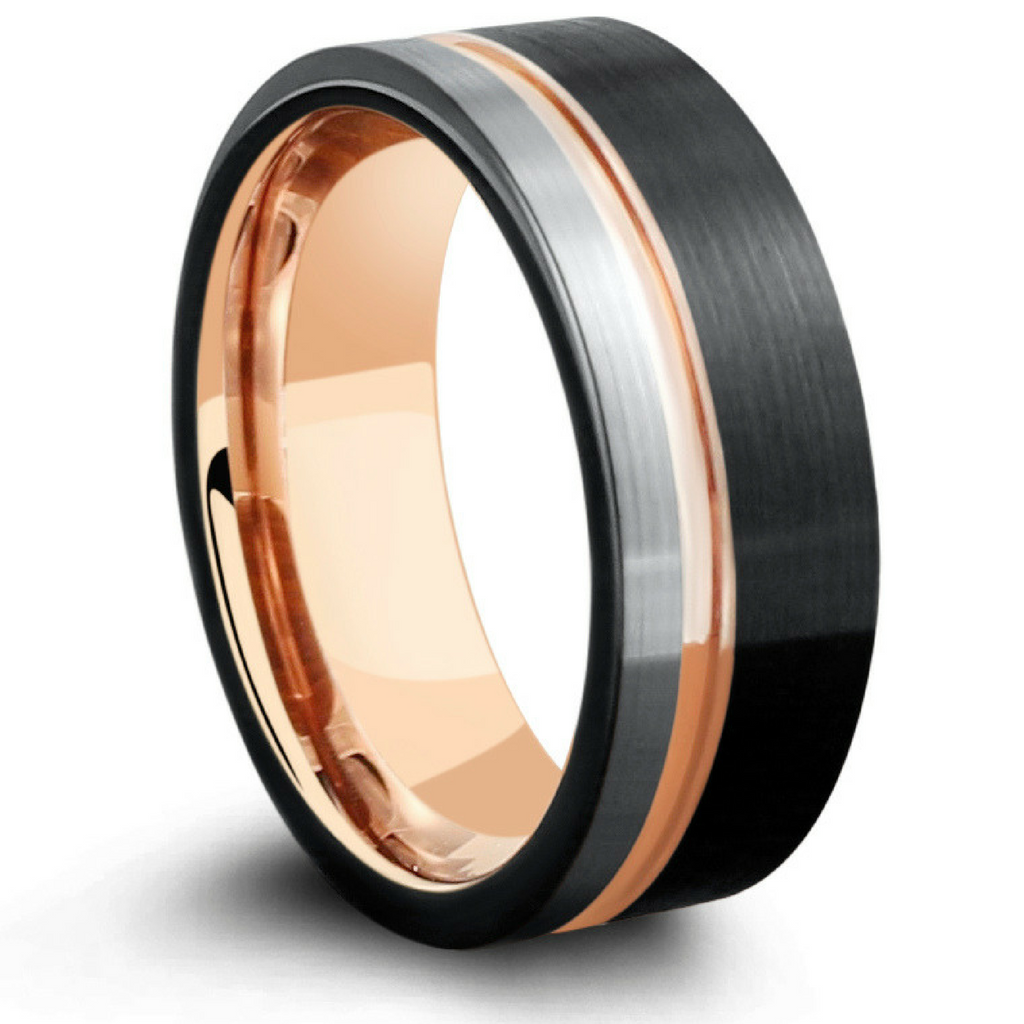 Mens Three Tone Tungsten Wedding Band With Pipe Cut Design