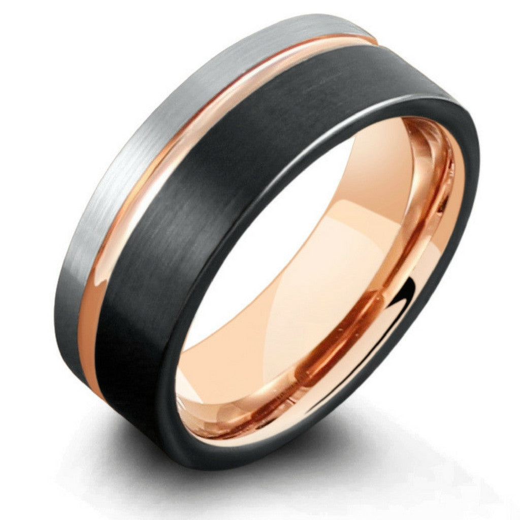 Mens Three Tone Tungsten Wedding Band With Pipe Cut Design