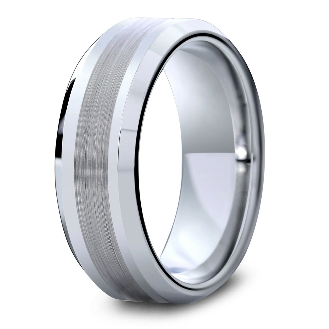 Mens Silver Tungsten Wedding Ring With Brushed Center