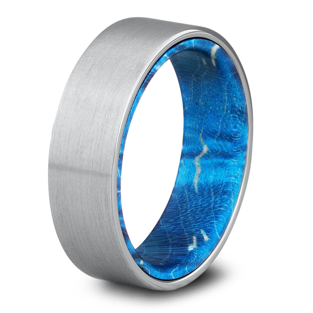 Men's Blue Wooden Wedding Band / Silver Tungsten Carbide