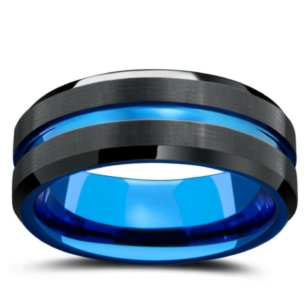 Mens Tungsten Wedding Band With Carved Blue Channel -Two Tone