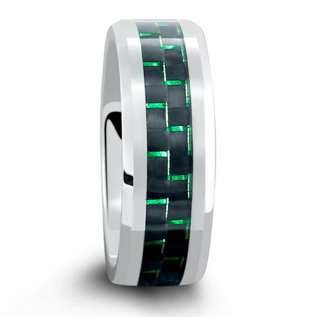 8mm Mens Silver Tungsten Wedding Band With Green & Black Carbon Fiber Inlay