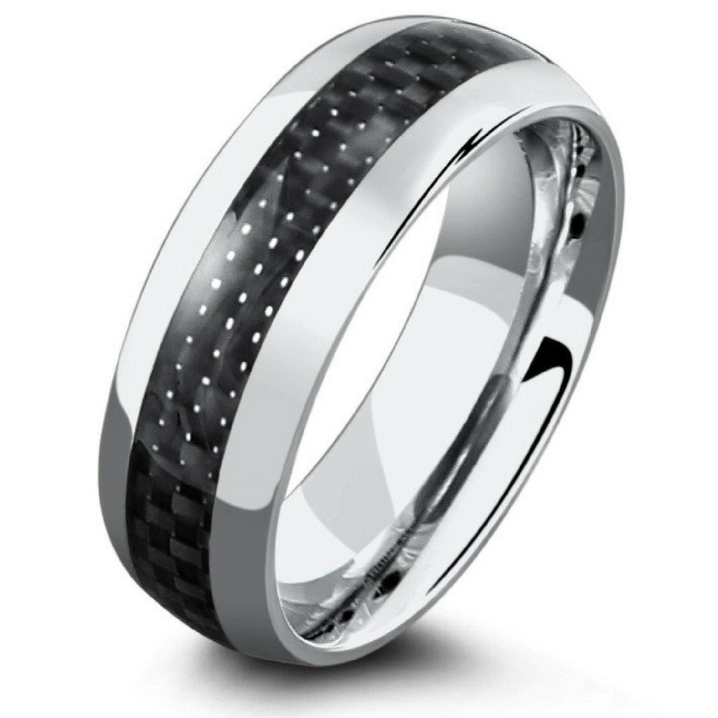Mens Silver Titanium Wedding Band With Black Carbon Fiber Inlay