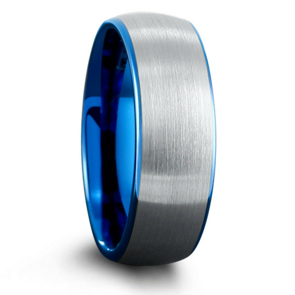 8mm Brushed Tungsten Carbide Wedding Ring With Blue Interior