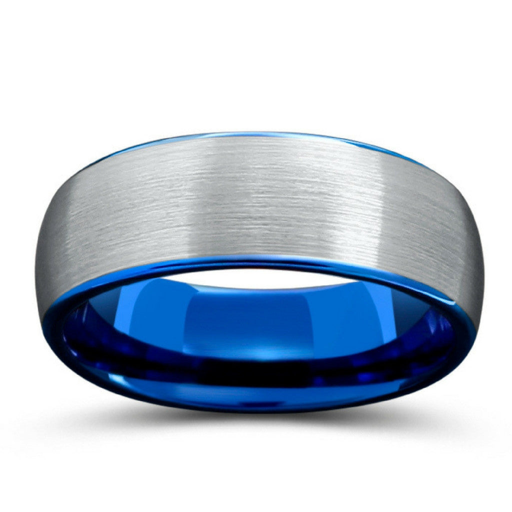 8mm Brushed Tungsten Carbide Wedding Ring With Blue Interior