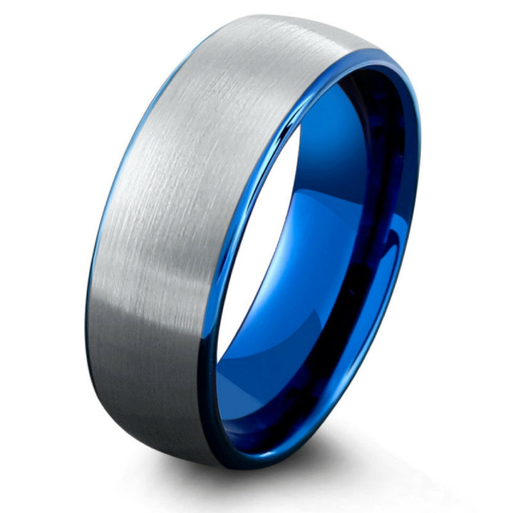 8mm Brushed Tungsten Carbide Wedding Ring With Blue Interior