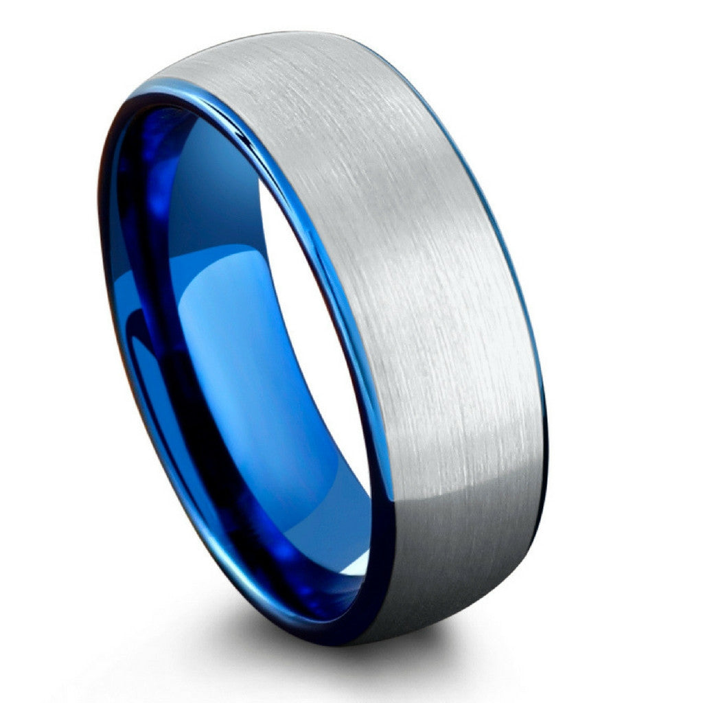 8mm Brushed Tungsten Carbide Wedding Ring With Blue Interior