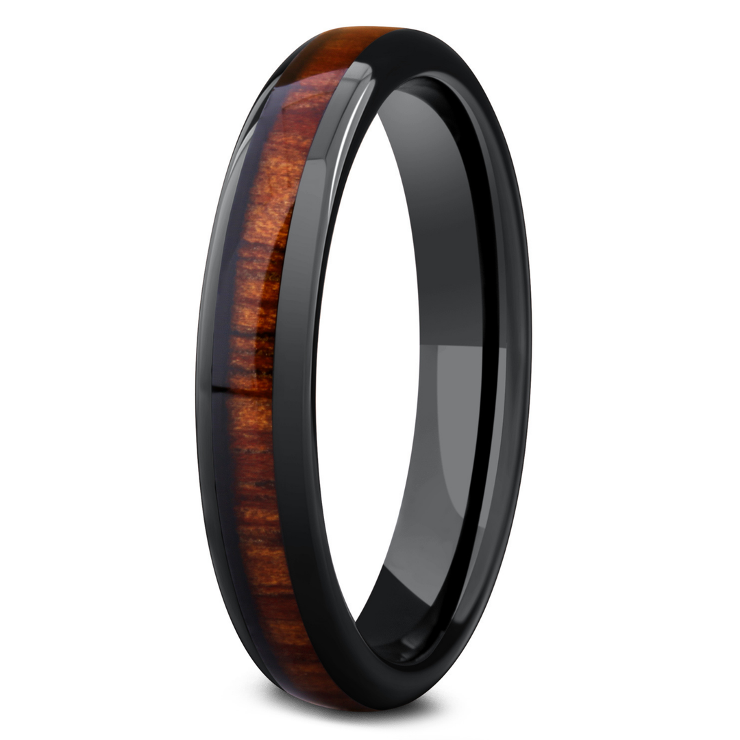 Women's Wood Wedding Band - 4mm Width Black Ceramic Wood Wedding Ring