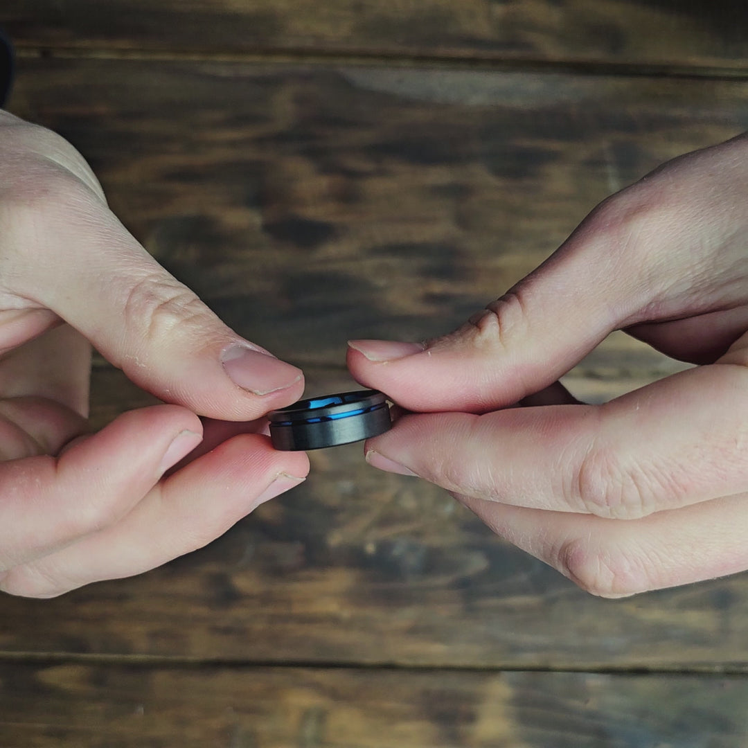Men's Modern Wedding Band - Black and Blue Wedding Band With Offset Blue Channel