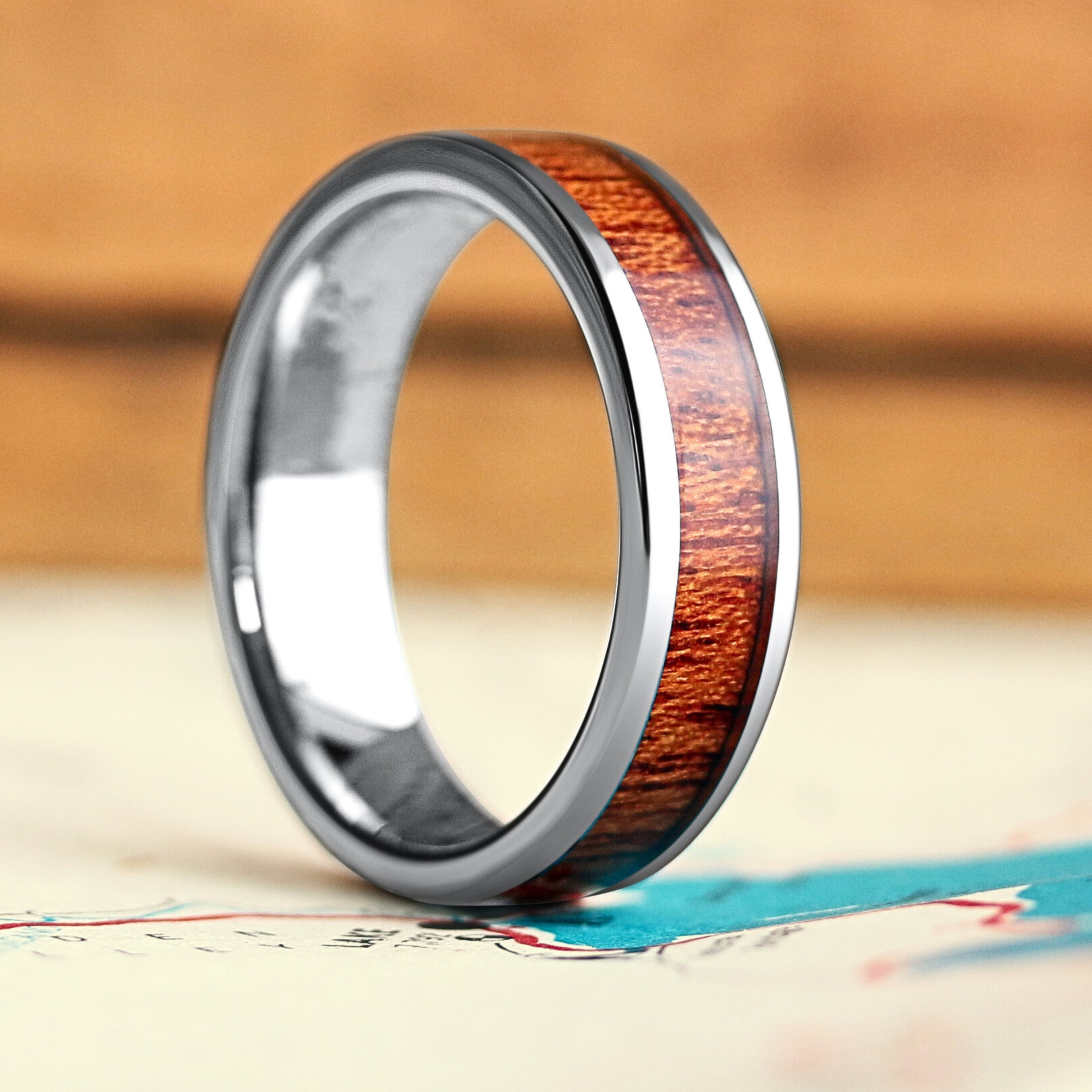 Algonquin - Men's Silver Tungsten Wooden Wedding Band / Flat Profile