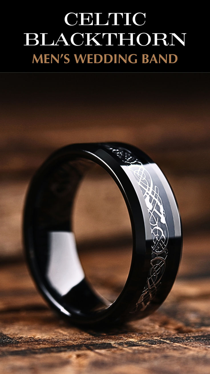 Celtic Blackthorn Men's Black Tungsten Wedding Band With Celtic