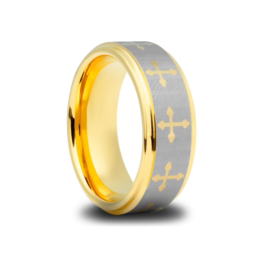 Men's Yellow Gold Celtic Cross Wedding Band / Tungsten Carbide - 8mm, Comfort Fit