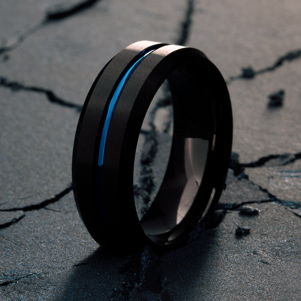 The Blue Bold Defender - Men's Black and Blue Tungsten Wedding Band