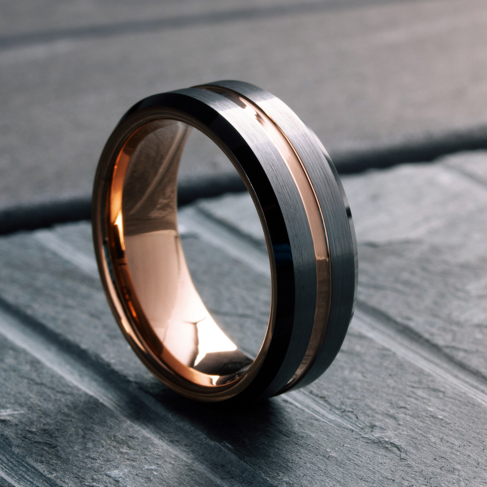 Men's Tungsten Wedding Band / Rose Gold and Silver Brushed Texture Finish: 8mm