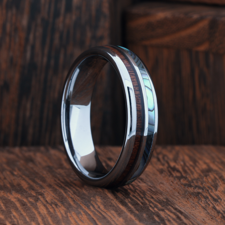 Men's Abalone and Wood Wedding Ring | 6mm Width | Half and Half | Men's Wedding Ring