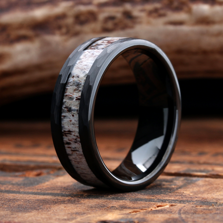 Men's Antler Hammered Wedding Band - Tungsten Carbide, 8mm Width, Comfort Fit, Men's Wedding Band