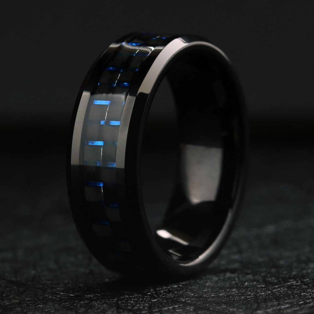 Men's Blue and Black Wedding Band Carbon Fiber