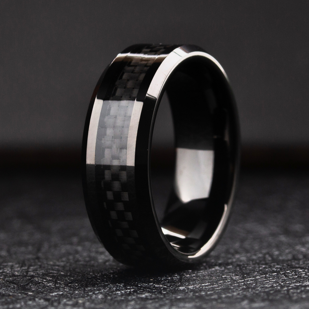 Men's Black Plated Tungsten Wedding Band With Carbon Fiber Inlay