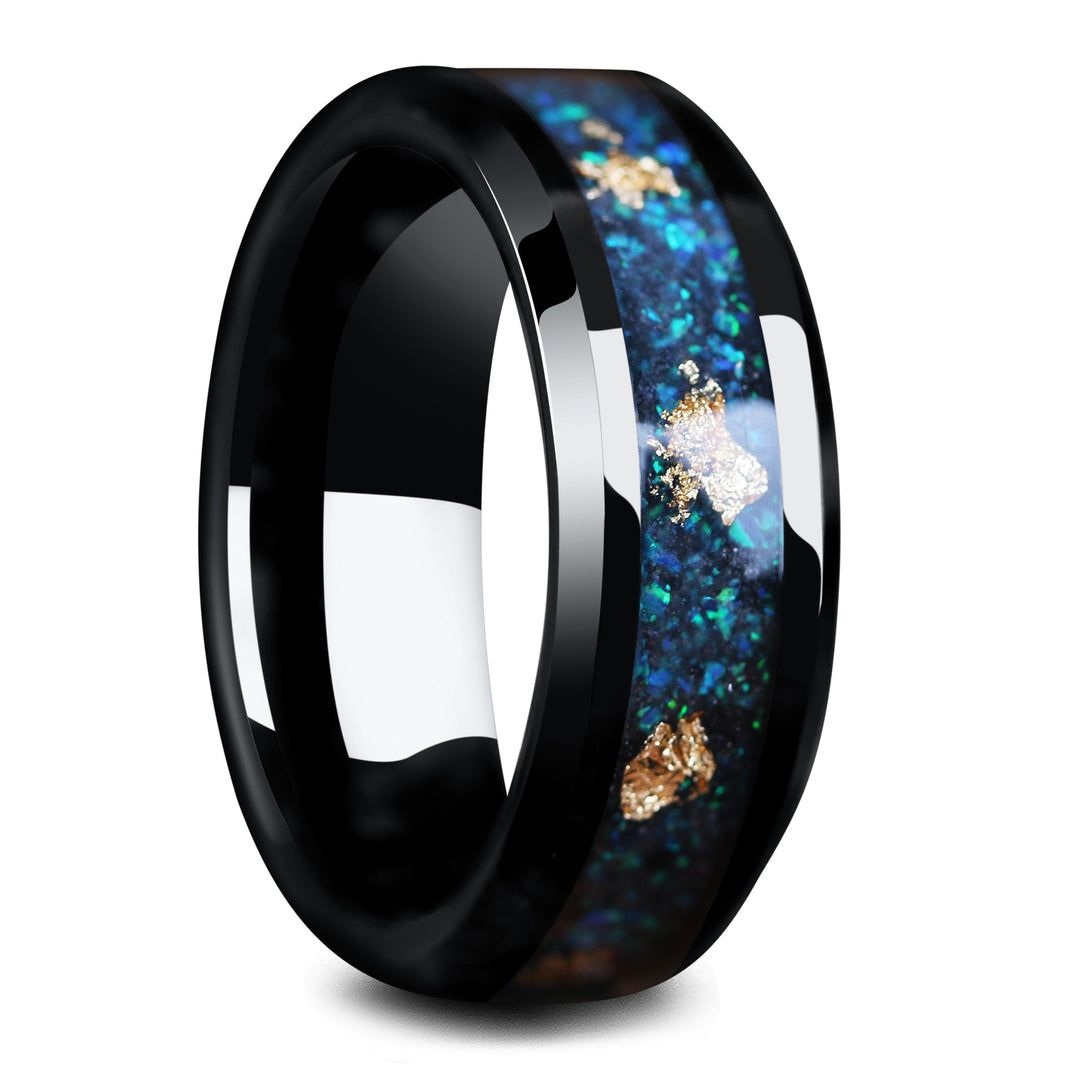 Blue Iron Ridge - Men's Black Plated Tungsten Wedding Band With Blue Crushed Stone and Gold Flakes