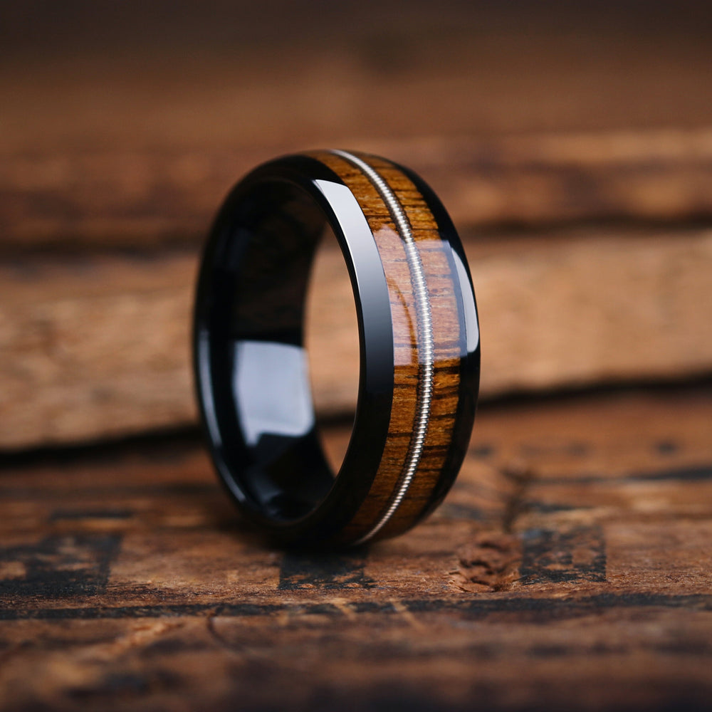 Men's Black Plated Tungsten Wedding Band With Wood and a Guitar String Inlay - 8mm Width, Comfort Fit_7