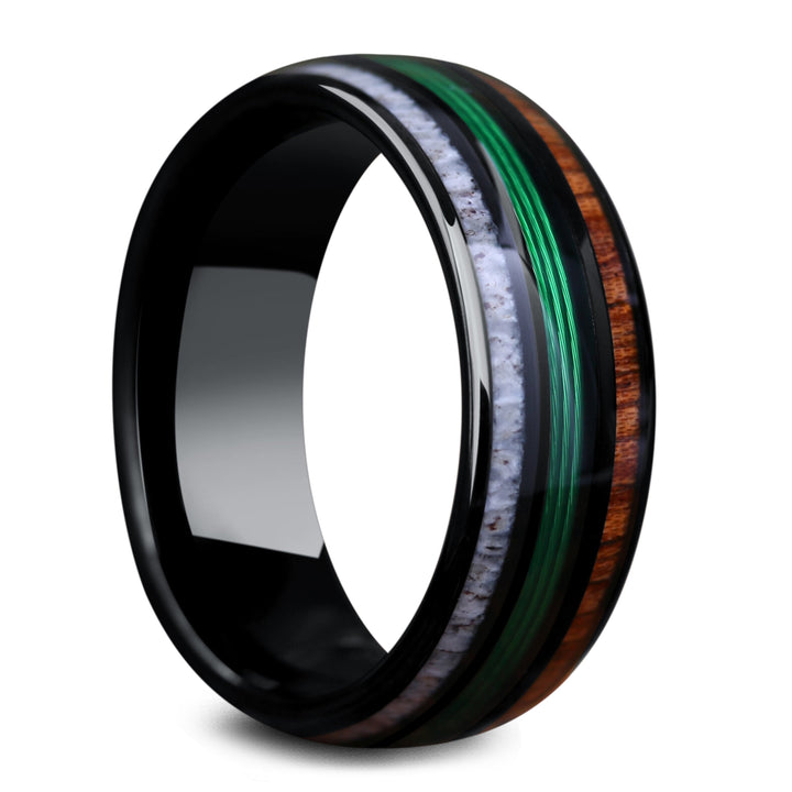 Men's Black Wedding Band With Green Fishing Line, Antler, and Wood - Tungsten Carbdie